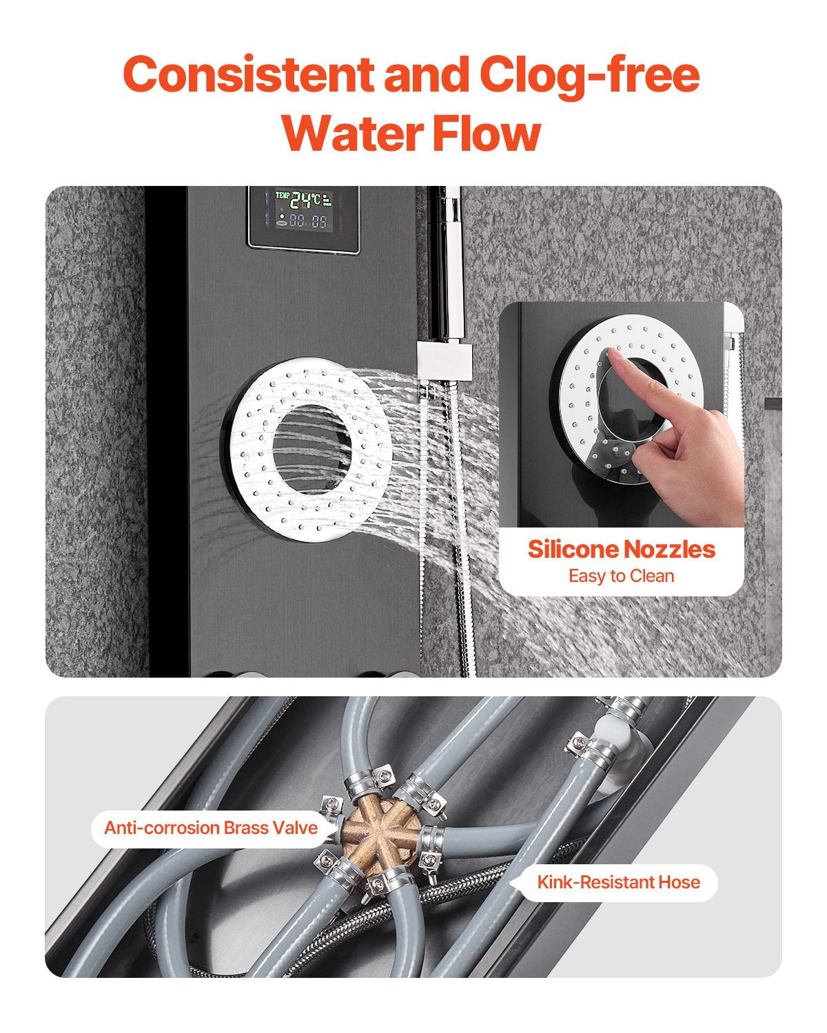 Duschpaneel-Turmsystem mit Regenduschkopf, LED-Beleuchtung, 135 cm hoher Duschsäule aus gebürstetem Edelstahl, 6-Funktions-Armatur, wandmontiertem Regenmassagesystem mit 5 Körperdüsen, Handbrause und Wanneneinlauf