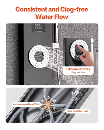 Duschpaneel-Turmsystem mit Regenduschkopf, LED-Beleuchtung, 135 cm hoher Duschsäule aus gebürstetem Edelstahl, 6-Funktions-Armatur, wandmontiertem Regenmassagesystem mit 5 Körperdüsen, Handbrause und Wanneneinlauf