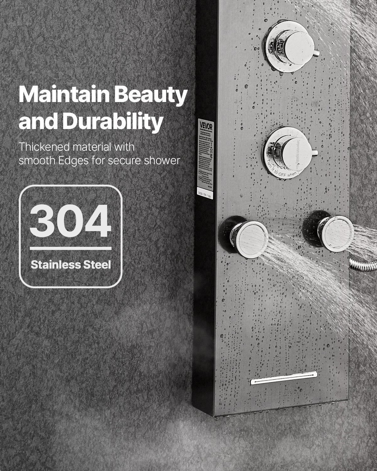 Duschpaneel-Turmsystem mit Regenduschkopf, LED-Beleuchtung, 135 cm hoher Duschsäule aus gebürstetem Edelstahl, 6-Funktions-Armatur, wandmontiertem Regenmassagesystem mit 5 Körperdüsen, Handbrause und Wanneneinlauf