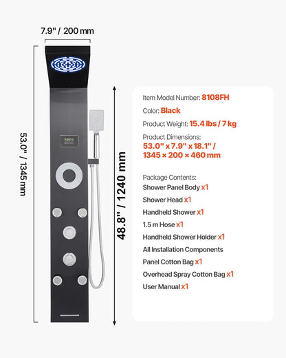 Duschpaneel-Turmsystem mit Regenduschkopf, LED-Beleuchtung, 135 cm hoher Duschsäule aus gebürstetem Edelstahl, 6-Funktions-Armatur, wandmontiertem Regenmassagesystem mit 5 Körperdüsen, Handbrause und Wanneneinlauf