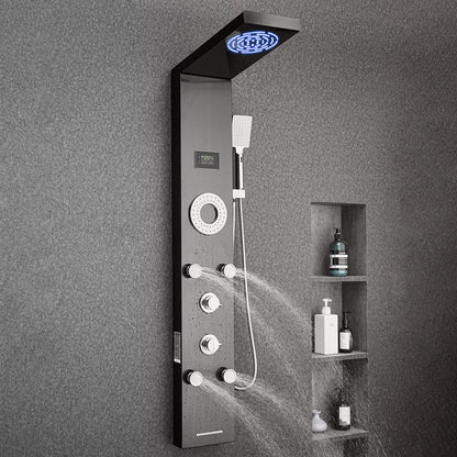 Duschpaneel-Turmsystem mit Regenduschkopf, LED-Beleuchtung, 135 cm hoher Duschsäule aus gebürstetem Edelstahl, 6-Funktions-Armatur, wandmontiertem Regenmassagesystem mit 5 Körperdüsen, Handbrause und Wanneneinlauf