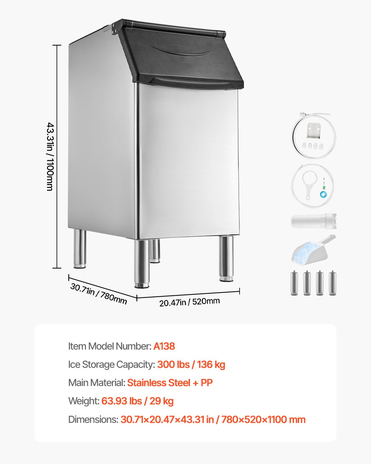 Gewerblicher Eisbehälter für Eismaschinen, 136 kg Fassungsvermögen, Edelstahl, mit verstellbaren, rutschfesten Gummifüßen, geeignet für Restaurants, Hotels und Getränkegeschäfte