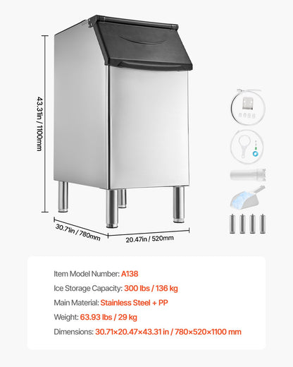 Gewerblicher Eisbehälter für Eismaschinen, 136 kg Fassungsvermögen, Edelstahl, mit verstellbaren, rutschfesten Gummifüßen, geeignet für Restaurants, Hotels und Getränkegeschäfte