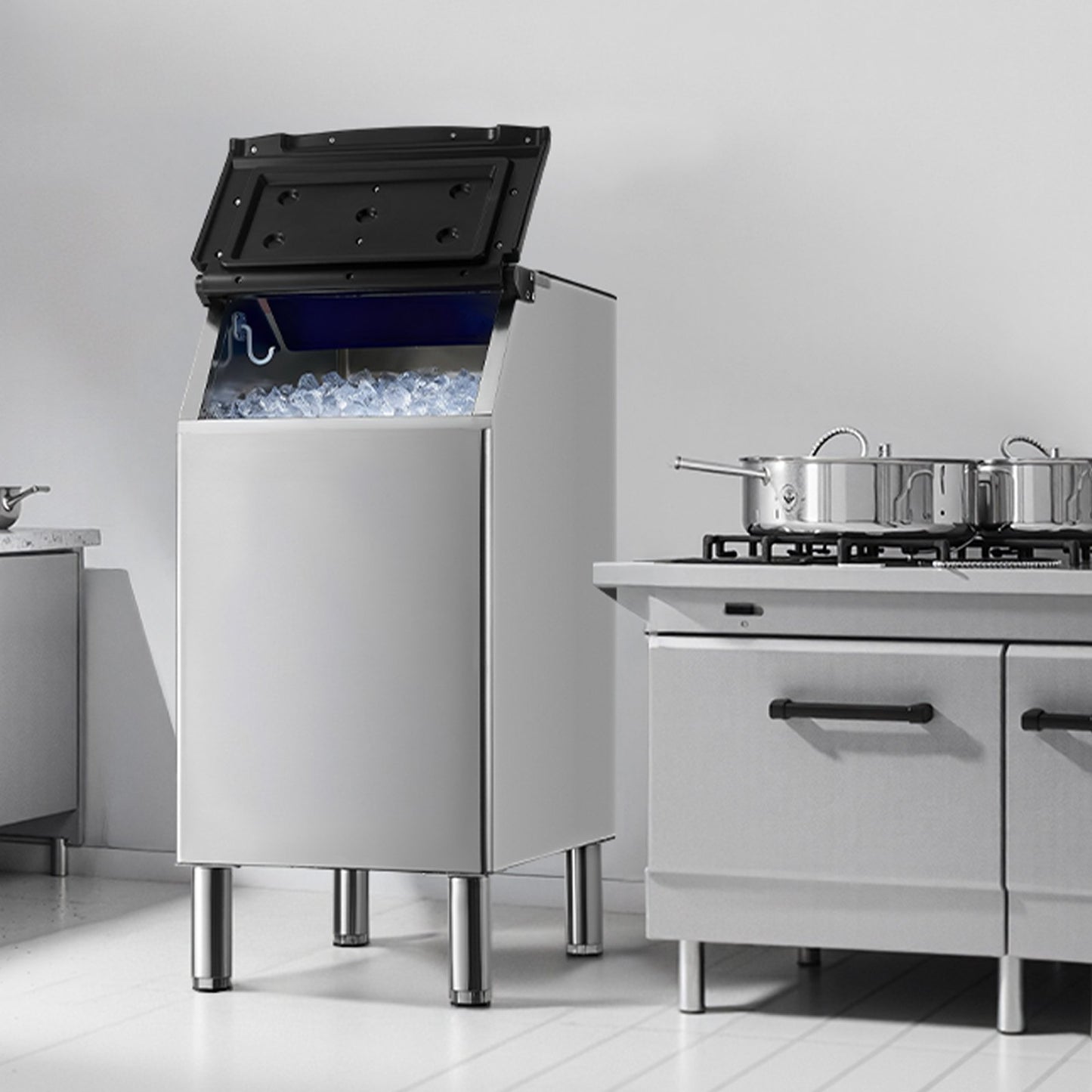 Gewerblicher Eisbehälter für Eismaschinen, 136 kg Fassungsvermögen, Edelstahl, mit verstellbaren, rutschfesten Gummifüßen, geeignet für Restaurants, Hotels und Getränkegeschäfte