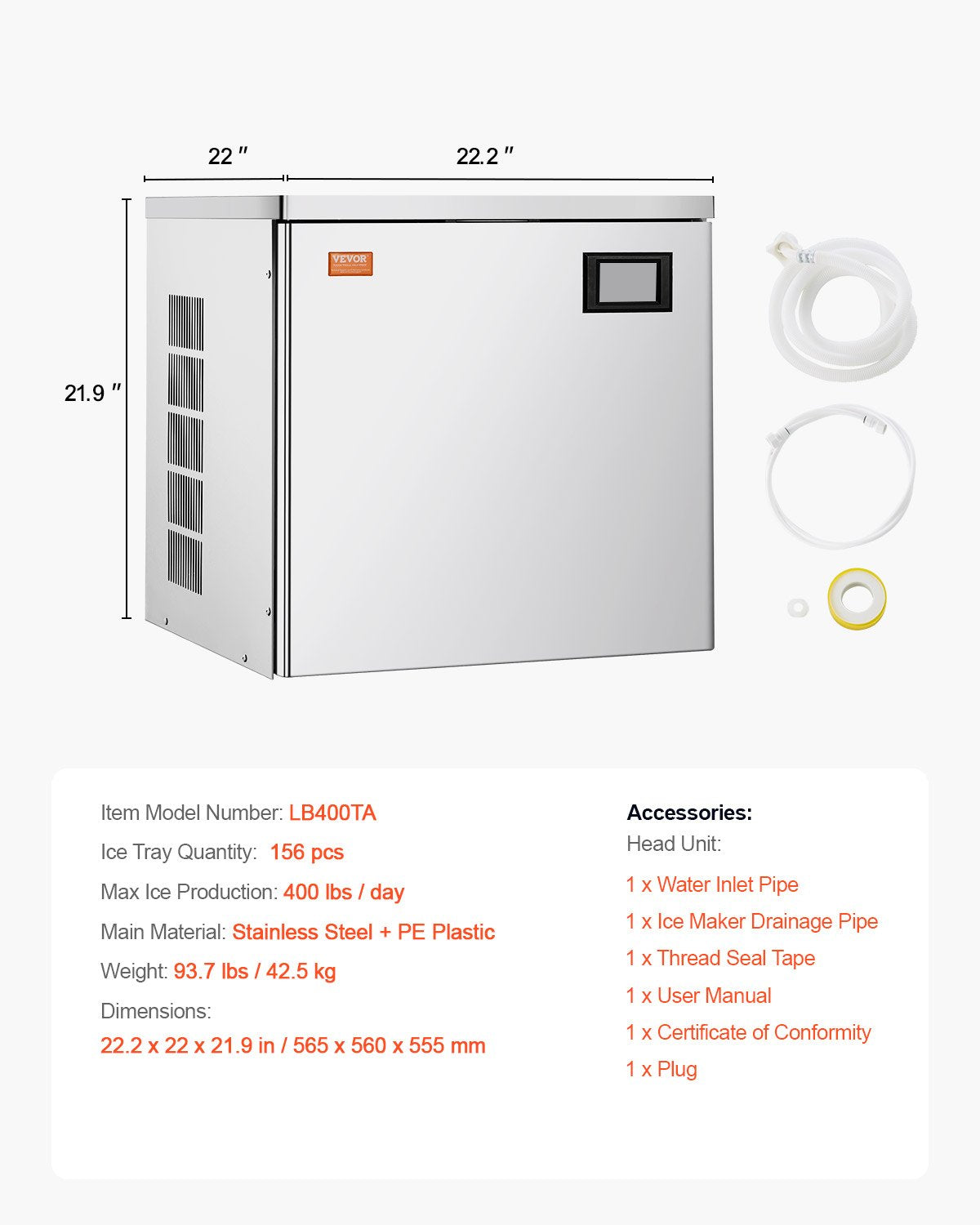 Commercial Ice Maker 400 lbs/Day Self-Cleaning Ice Machine - Head Only