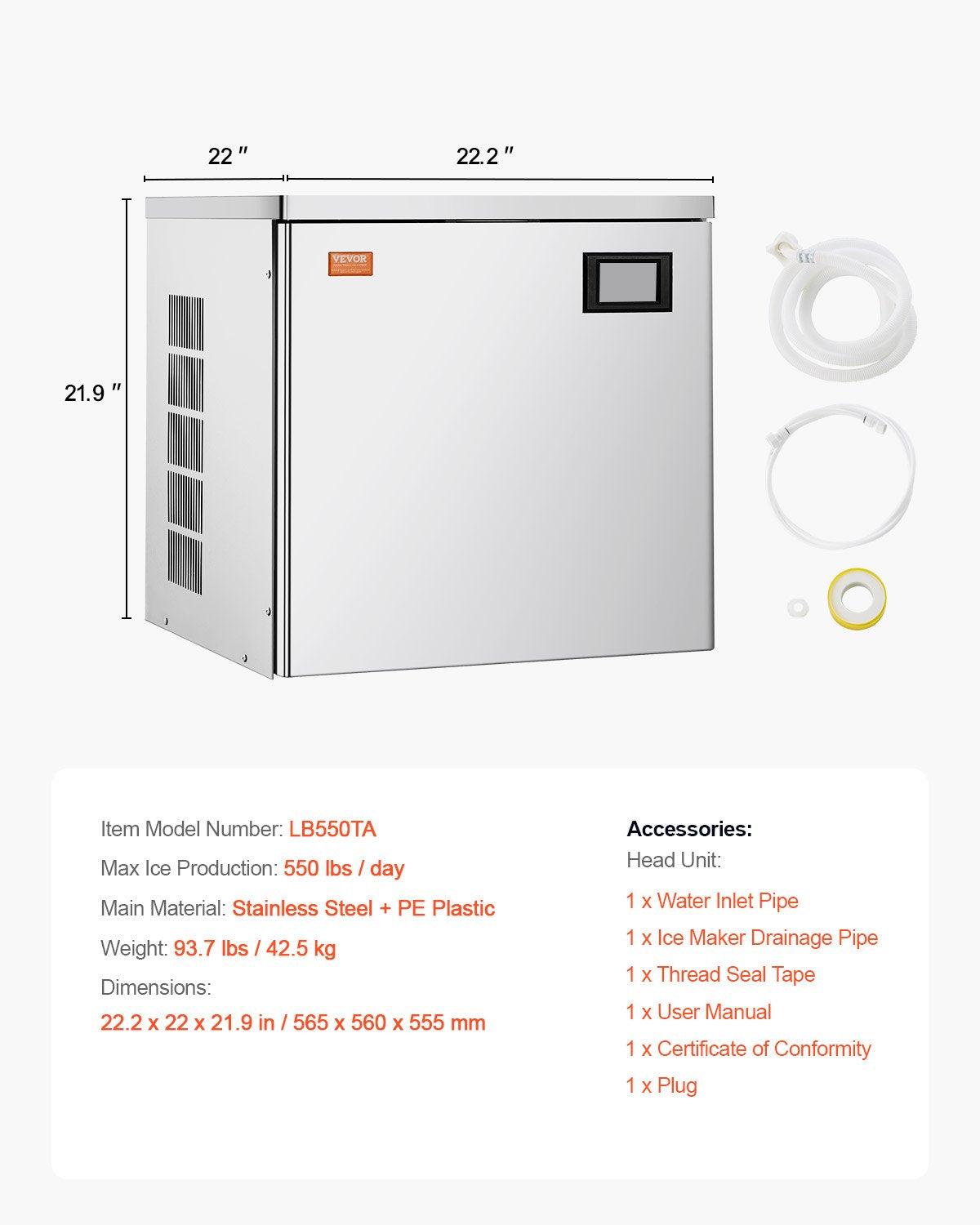Commercial Ice Maker 550 lbs/Day Self-Cleaning Ice Machine - Head Only