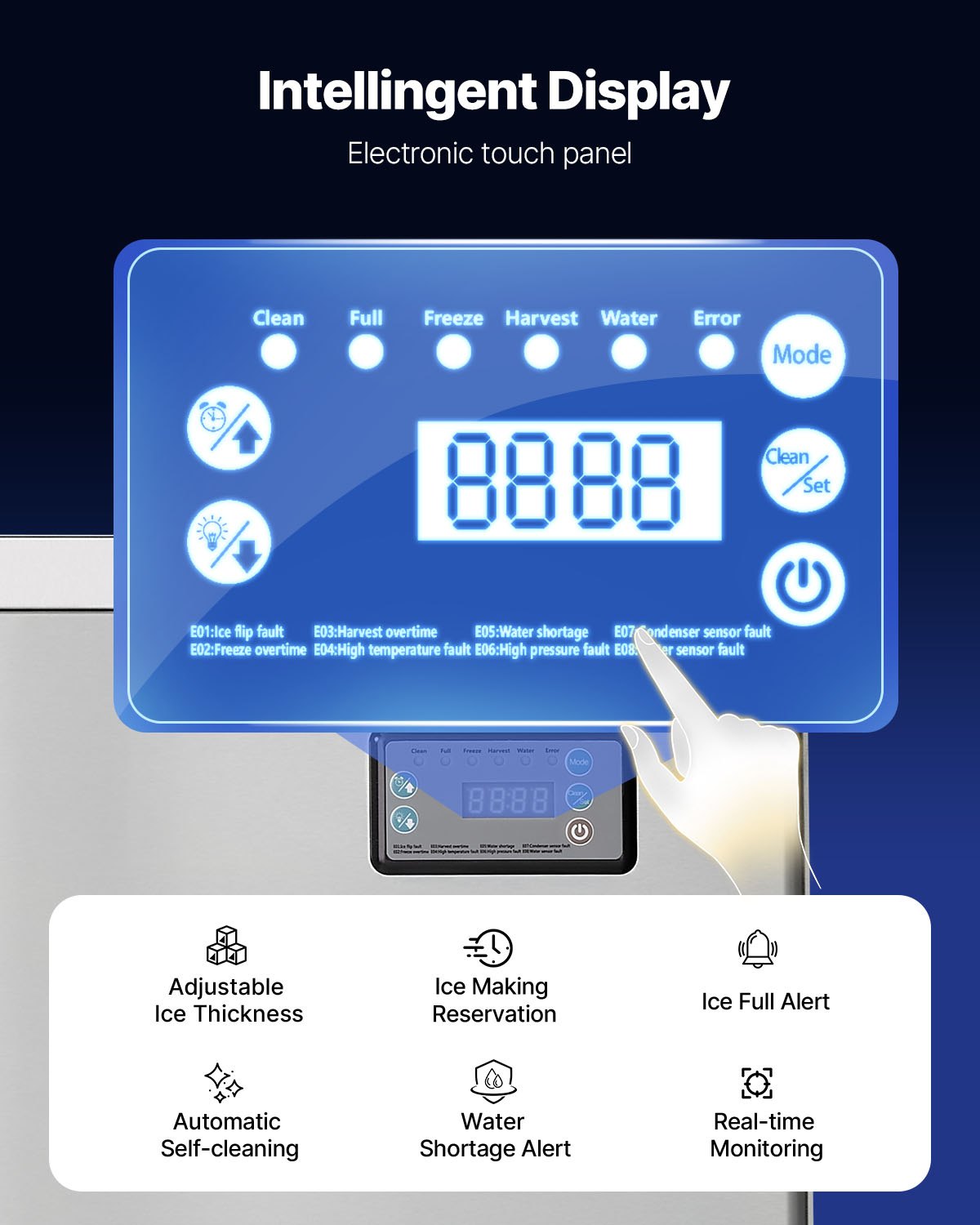 Gewerbliche Eismaschine – Prozessorkopf, 204 kg/Tag, Edelstahl-Eismaschine mit programmierter Eisproduktion, Selbstreinigung, einstellbarer Eisdicke, ideal für Restaurants, Bars, Cafés und Hotels – nur Prozessorkopf
