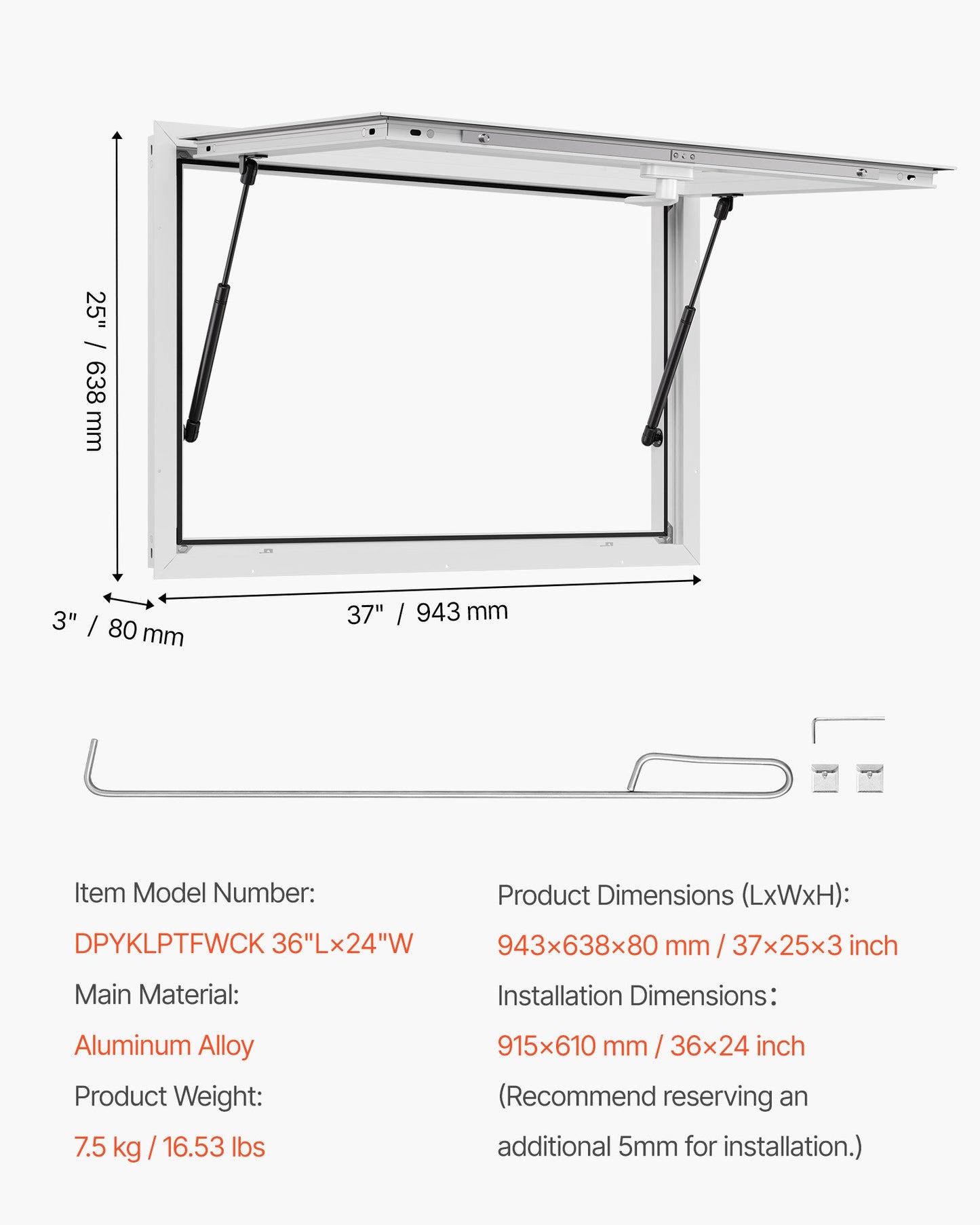 Concession Window 92x61 cm, Aluminum Alloy Frame Service Window for Food Truck, Up to 85 Degrees Stand Serving Window with Awning Door and Drag Hook, Rainwater Resistant for Concession Trailers