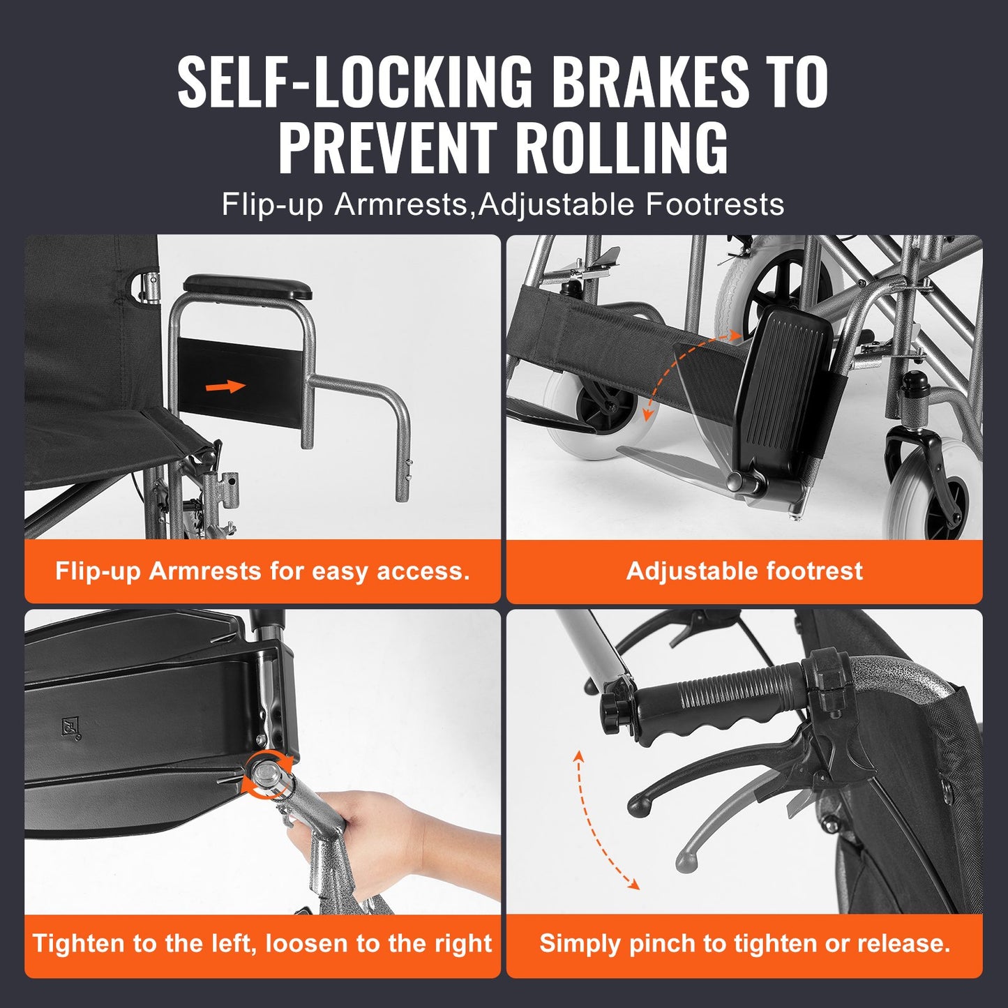 Rollstuhl, Transportrollstuhl aus Kohlenstoffstahl für Erwachsene, faltbarer Rollstuhl mit abnehmbarer Armlehne, selbstblockierender Bremse, 61 cm breiter Sitz, Tragkraft 136 kg, für Menschen mit Behinderungen, die sich frei bewegen möchten