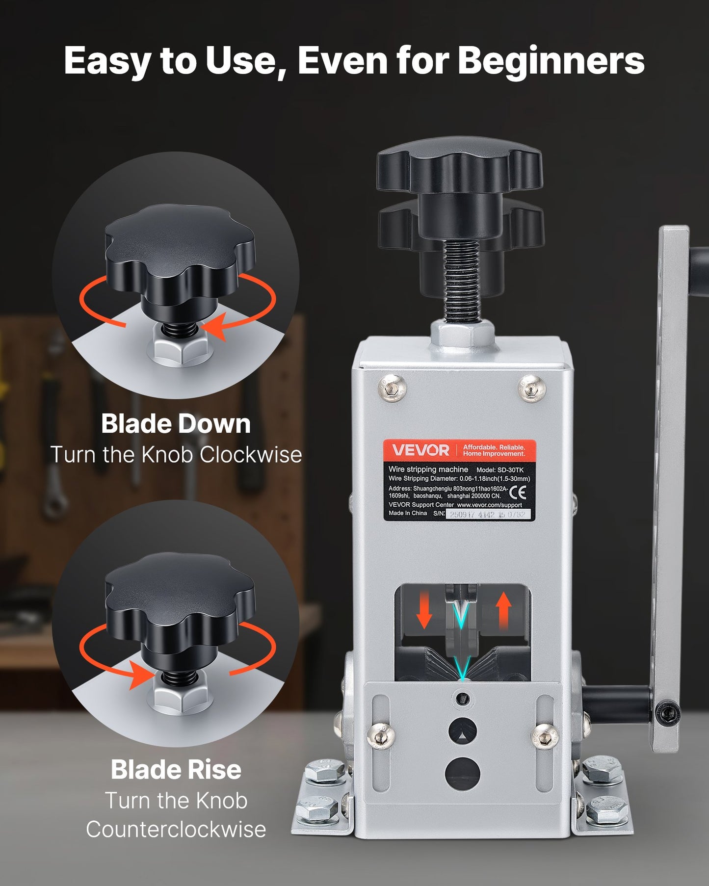 Manual Wire Stripper Machine, 1.5-30 mm, Copper Cable Stripper Tool, Hand Crank or Drill Powered Modes, Heavy-Duty Q235 Frame Wire Stripping Machine, Easy to Use, for Scrap Copper Recycling