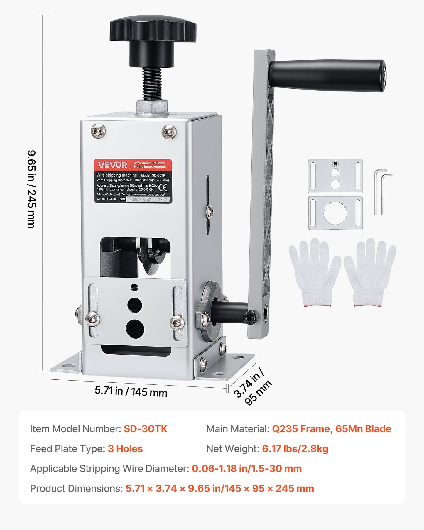 Manual Wire Stripper Machine, 1.5-30 mm, Copper Cable Stripper Tool, Hand Crank or Drill Powered Modes, Heavy-Duty Q235 Frame Wire Stripping Machine, Easy to Use, for Scrap Copper Recycling