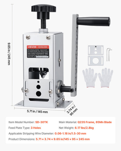 Manual Wire Stripper Machine, 1.5-30 mm, Copper Cable Stripper Tool, Hand Crank or Drill Powered Modes, Heavy-Duty Q235 Frame Wire Stripping Machine, Easy to Use, for Scrap Copper Recycling