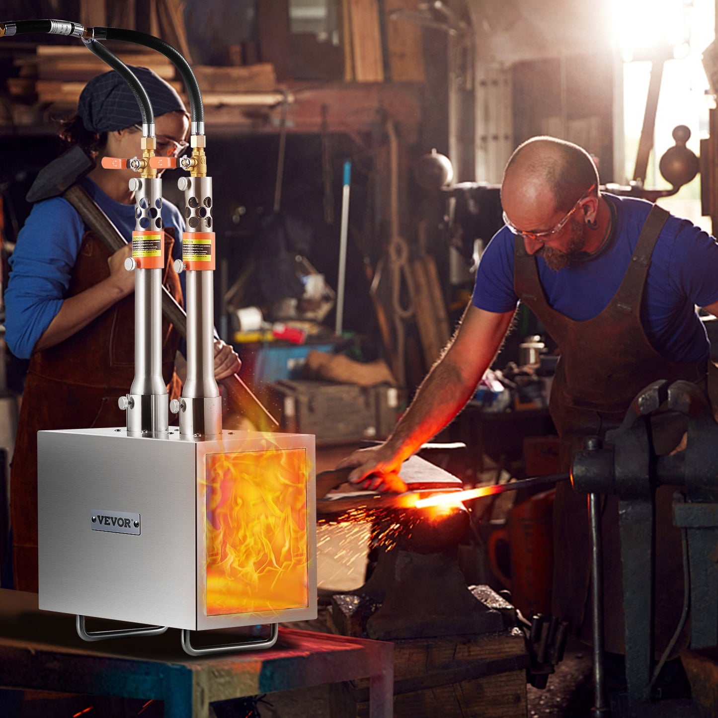 Tragbare Propangas-Esse, 2-flammige Hufschmiede-Esse, 2600℉ Werkzeug- und Messerschmiede-Gas-Esse, Großvolumige quadratische Edelstahl-Gas-Schmiedewerkzeuge und -ausrüstung für die Metallschmiedekunst