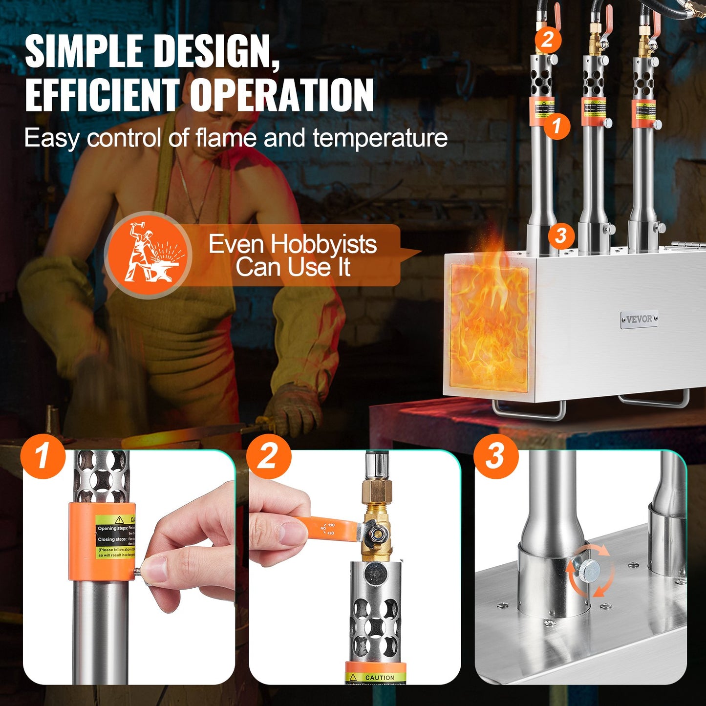 Portable Propane Forge, 3 Burner Farrier Forge, 2600℉ Tool and Knife Making Blacksmithing Gas Forge, Large Capacity Square Stainless Steel Gas Forging Tools and Equipment for Metal Forging
