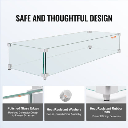 Windschutz für Feuerstelle, 96,5 x 26,7 x 15,2 cm (38 x 10,5 x 6 Zoll) großer, rechteckiger Glasschutz, 0,8 cm (0,3 Zoll) dicke Feuerplatte, Flammenschutz aus klarem Sicherheitsglas, stabiler Windschutz für Propangas, Gas und den Außenbereich