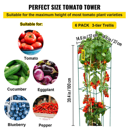 Tomatenkäfige, 37 x 37 x 100 cm, 6er-Pack quadratische Pflanzenstützkäfige, grüne PVC-beschichtete Stahl-Tomatentürme für Klettergemüse, Pflanzen, Blumen und Früchte
