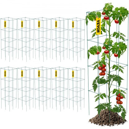 Tomato Cages, 11.8" x 11.8" x 46.1", 10 Packs Square Plant Support Cages, Green PVC-Coated Steel Tomato Towers for Climbing Vegetables, Plants, Flowers, Fruits