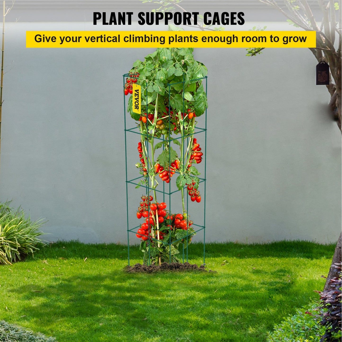 Tomato Cages, 11.8" x 11.8" x 46.1", 10 Packs Square Plant Support Cages, Green PVC-Coated Steel Tomato Towers for Climbing Vegetables, Plants, Flowers, Fruits