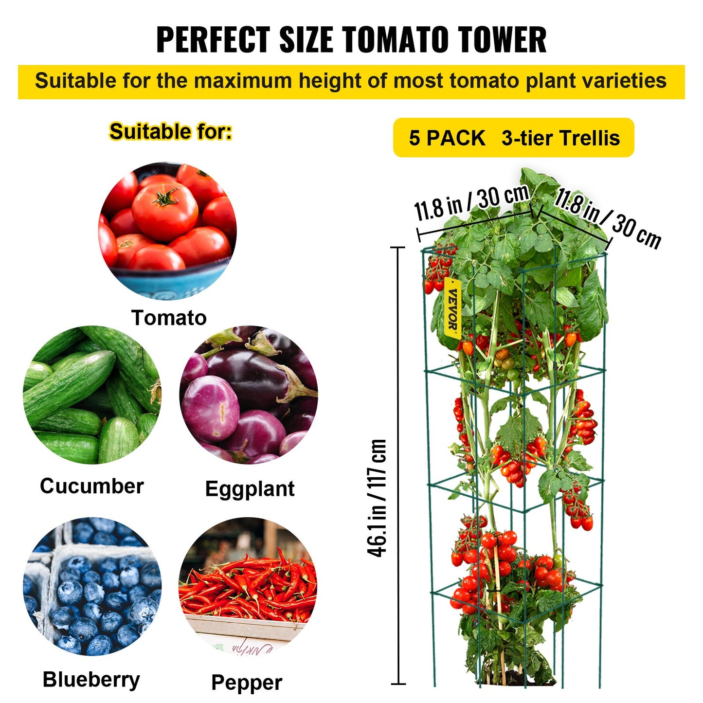 Tomato Cages, 11.8" x 11.8" x 46.1", 5 Packs Square Plant Support Cages, Green PVC-Coated Steel Tomato Towers for Climbing Vegetables, Plants, Flowers, Fruits