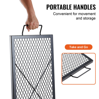 X-Marks Feuerstellen-Grillrost, rechteckiger Grillrost, robuster Stahl-Grillrost mit Griff und X-förmigem Stützdraht, tragbares Camping-Kochgeschirr für Gartenpartys, 81 cm (32 Zoll), Schwarz