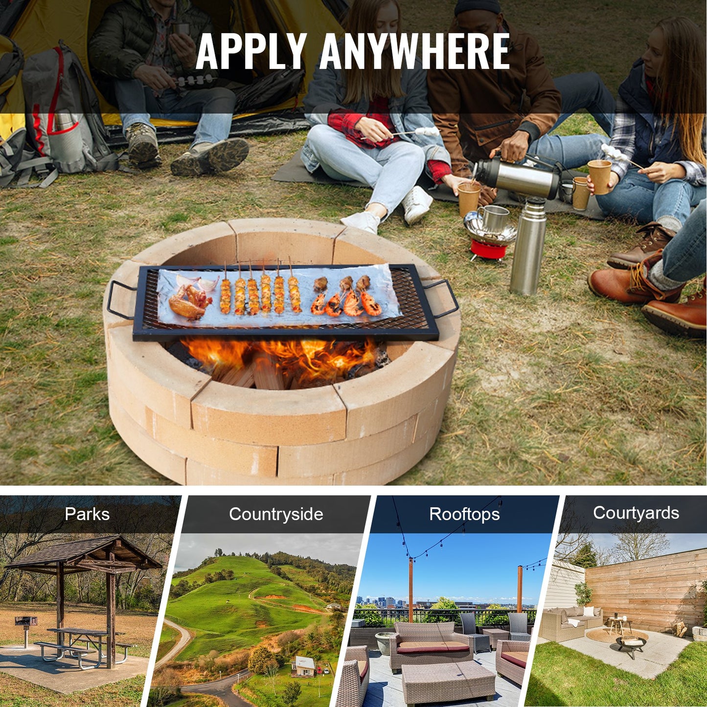 X-Marks Feuerstellen-Grillrost, rechteckiger Grillrost, robuster Stahl-Grillrost mit Griff und X-förmigem Stützdraht, tragbares Camping-Kochgeschirr für Gartenpartys, 81 cm (32 Zoll), Schwarz