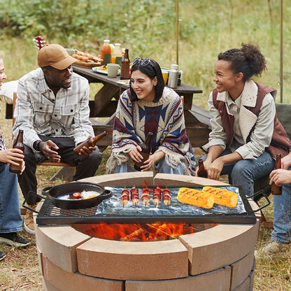 X-Marks Feuerstellen-Grillrost, rechteckiger Grillrost, robuster Stahl-Grillrost mit Griff und X-förmigem Stützdraht, tragbares Camping-Kochgeschirr für Gartenpartys, 81 cm (32 Zoll), Schwarz