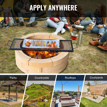 X-Marks Feuerstellen-Grillrost, rechteckiger Grillrost, robuster Stahl-Grillrost mit Griff und X-förmigem Stützdraht, tragbares Camping-Kochgeschirr für Gartenpartys, 112 cm (44 Zoll), Schwarz