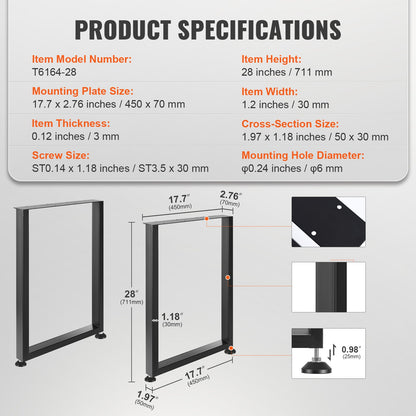 711,2 mm verstellbare Möbelbeine, quadratische, verstärkte Stahl-Tischbeine (2er-Set) für Selbstmontage, max. Traglast 453,6 kg, robuste Tischbeine, schnelle Montage &amp; umfangreiches Zubehör, schwarz