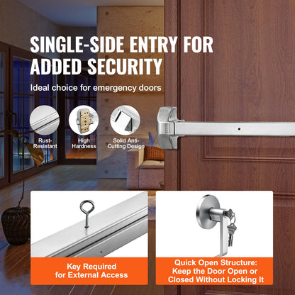 Push Bar Door Locks, Stainless Steel Panic Bars for Exit Doors, with Exterior Lever and 3 Keys, Push Bar Panic Exit Device Door Hardware for Metal Wood Door, for Left and Right Handed Doors