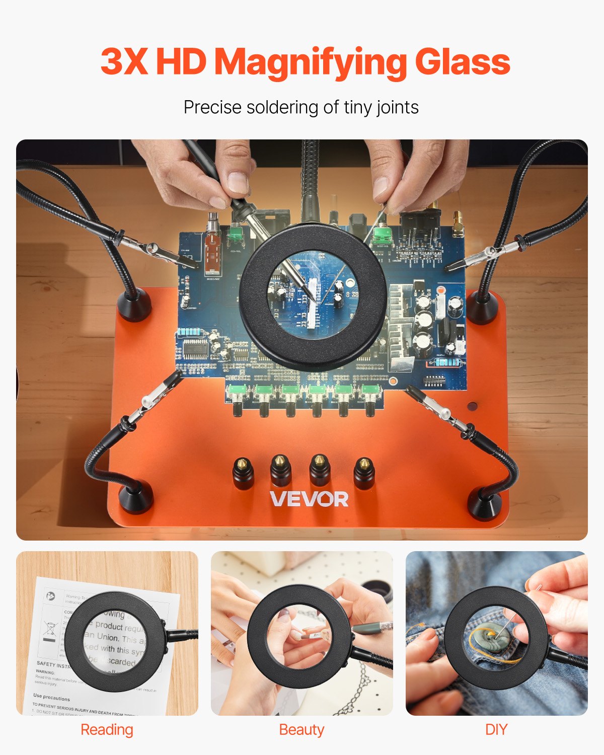 Magnetische Lötstation mit vier flexiblen Armen, 3-facher LED-Vergrößerungslampe, 4 Leiterplattenhaltern und robustem Sockel – ideal für Elektronikreparaturen, Basteln und DIY-Projekte.