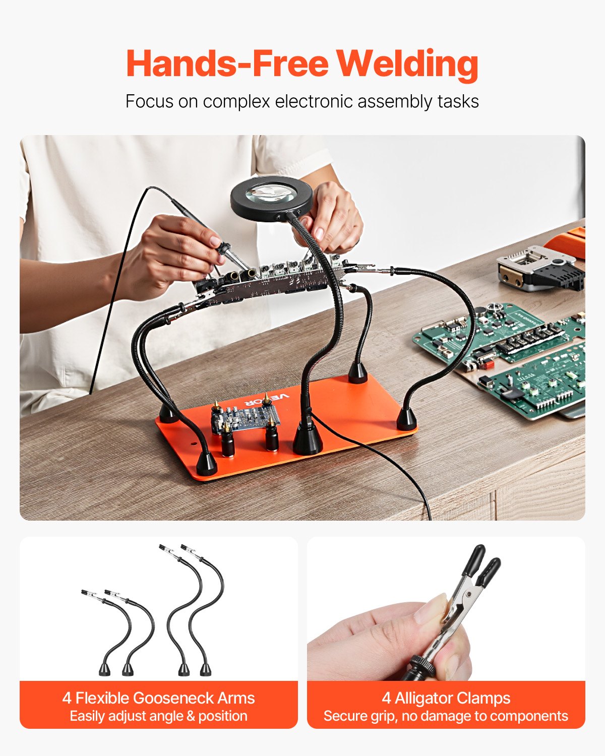 Magnetische Lötstation mit vier flexiblen Armen, 3-facher LED-Vergrößerungslampe, 4 Leiterplattenhaltern und robustem Sockel – ideal für Elektronikreparaturen, Basteln und DIY-Projekte.