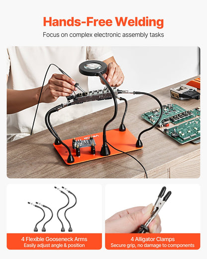Magnetische Lötstation mit vier flexiblen Armen, 3-facher LED-Vergrößerungslampe, 4 Leiterplattenhaltern und robustem Sockel – ideal für Elektronikreparaturen, Basteln und DIY-Projekte.