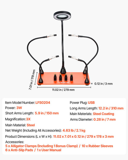 Magnetische Lötstation mit vier flexiblen Armen, 3-facher LED-Vergrößerungslampe, 4 Leiterplattenhaltern und robustem Sockel – ideal für Elektronikreparaturen, Basteln und DIY-Projekte.