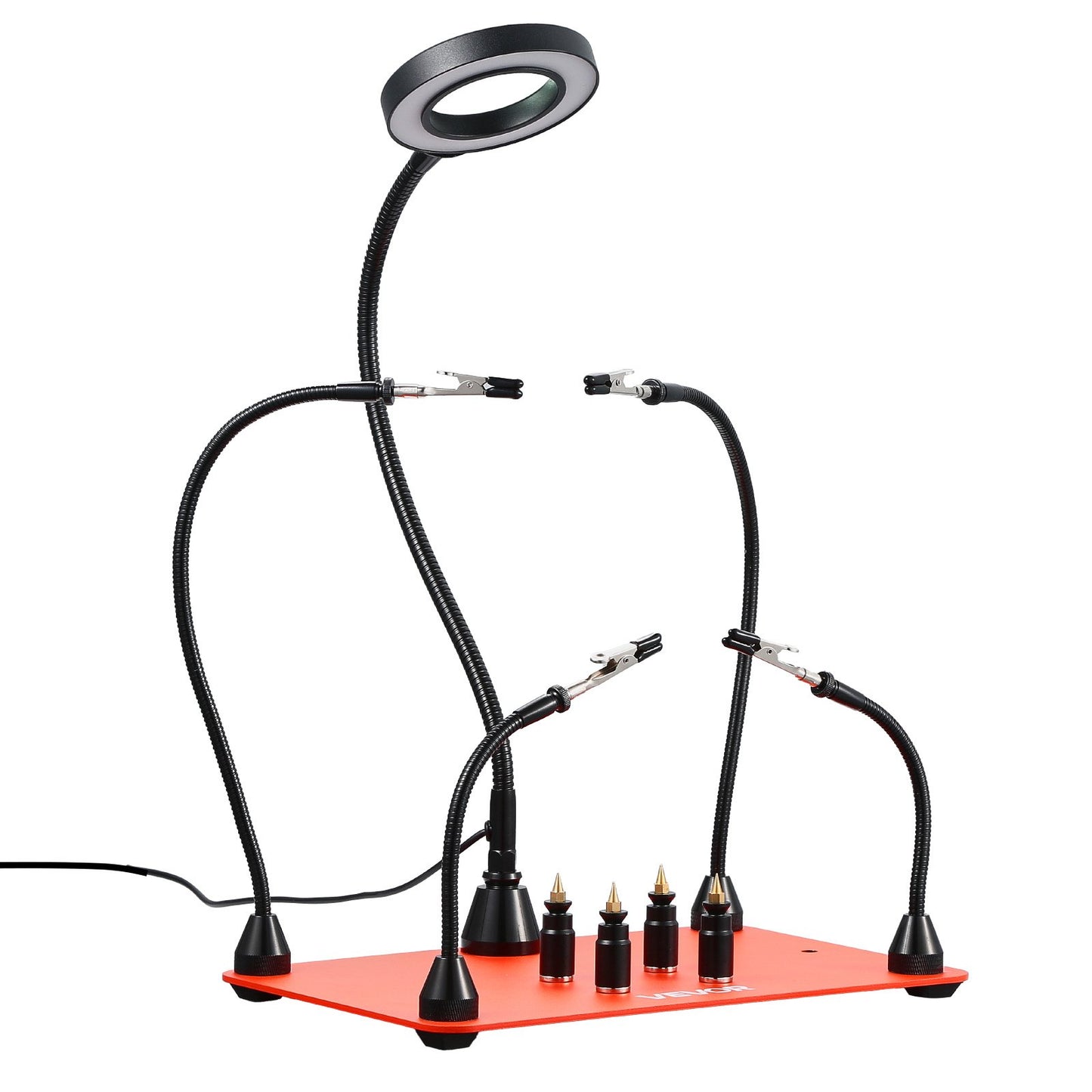Magnetische Lötstation mit vier flexiblen Armen, 3-facher LED-Vergrößerungslampe, 4 Leiterplattenhaltern und robustem Sockel – ideal für Elektronikreparaturen, Basteln und DIY-Projekte.