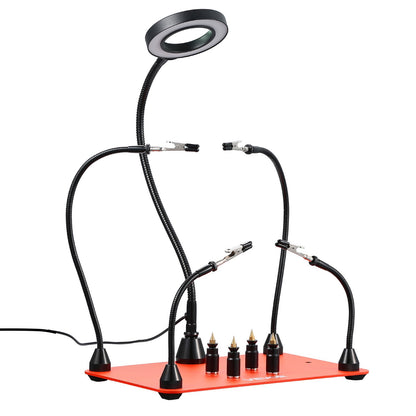 Magnetische Lötstation mit vier flexiblen Armen, 3-facher LED-Vergrößerungslampe, 4 Leiterplattenhaltern und robustem Sockel – ideal für Elektronikreparaturen, Basteln und DIY-Projekte.