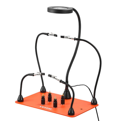 Magnetische Lötstation mit vier flexiblen Armen, 3-facher LED-Vergrößerungslampe, 4 Leiterplattenhaltern und robustem Sockel – ideal für Elektronikreparaturen, Basteln und DIY-Projekte.