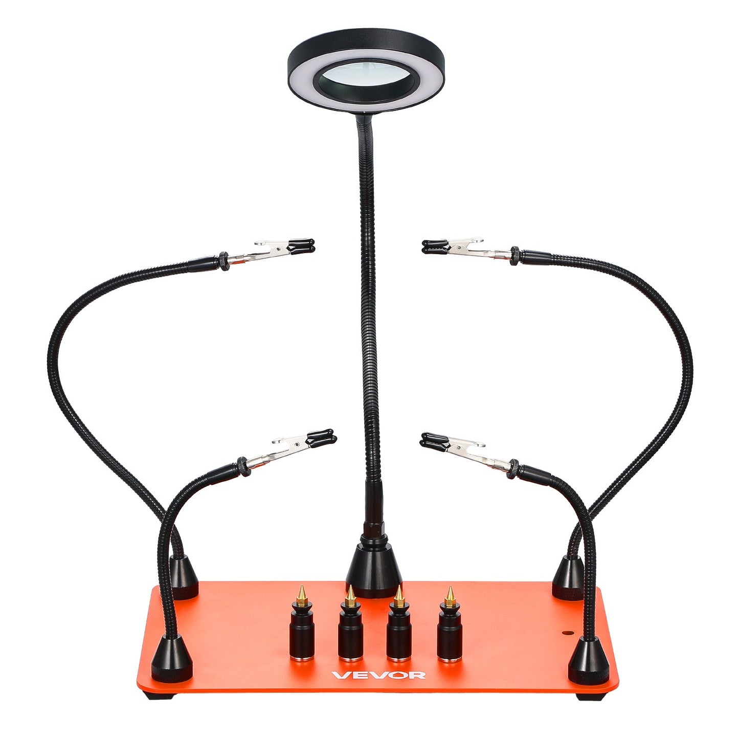 Magnetische Lötstation mit vier flexiblen Armen, 3-facher LED-Vergrößerungslampe, 4 Leiterplattenhaltern und robustem Sockel – ideal für Elektronikreparaturen, Basteln und DIY-Projekte.
