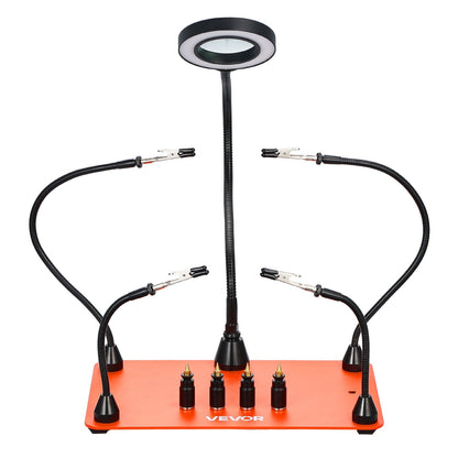 Magnetische Lötstation mit vier flexiblen Armen, 3-facher LED-Vergrößerungslampe, 4 Leiterplattenhaltern und robustem Sockel – ideal für Elektronikreparaturen, Basteln und DIY-Projekte.