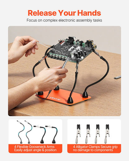 Magnetic Helping Hands Soldering Station, 4 Flexible Arms Third Hand Tool, with 6 PCB Pillar Holders & 360 Hot Air Gun Holder, Heavy-Duty Base Soldering Helper for Electronic Repair Craft
