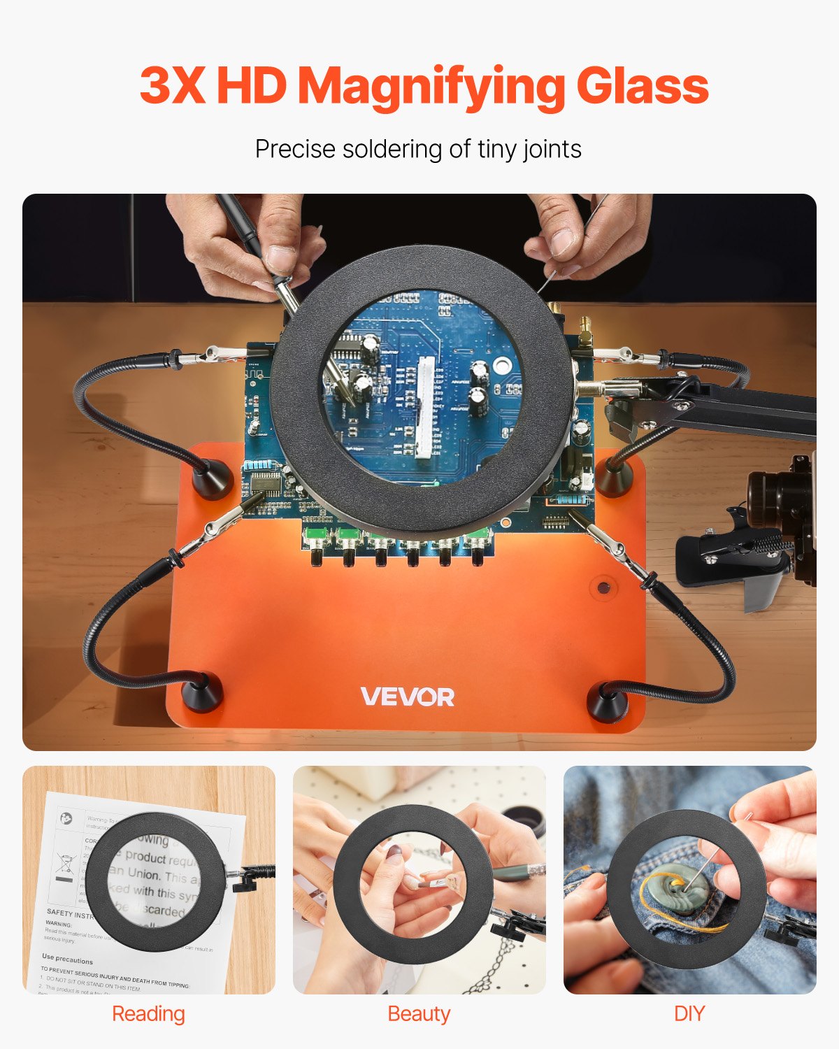 Magnetische Lötstation mit vier flexiblen Armen, 3-facher LED-Vergrößerungslampe und rutschfestem, robustem Standfuß – die ideale Löthilfe für Elektronikreparaturen, Bastelarbeiten und DIY-Projekte.