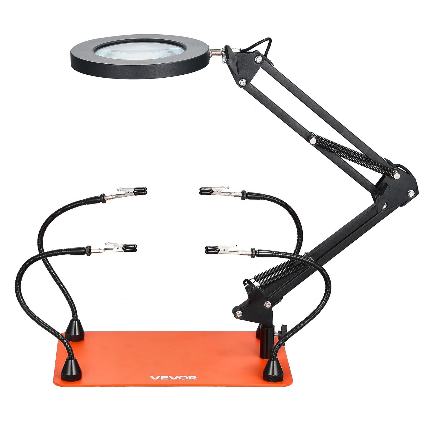 Magnetische Lötstation mit vier flexiblen Armen, 3-facher LED-Vergrößerungslampe und rutschfestem, robustem Standfuß – die ideale Löthilfe für Elektronikreparaturen, Bastelarbeiten und DIY-Projekte.