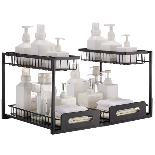 2 Tier Pull Out Cabinet Organizer(10.7"W x 14.2"D ), Under Sink Organizer and Storage, Slide Out Drawer Cabinet Organizer, Wire Basket Shelf, 25.5"Wx15.5"Dx13"H Install Size for Cabinet (2 Pack)