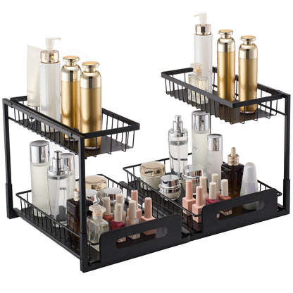 2 Tier Pull Out Cabinet Organizer(10.7"W x 14.2"D ), Under Sink Organizer and Storage, Slide Out Drawer Cabinet Organizer, Wire Basket Shelf, 25.5"Wx15.5"Dx13"H Install Size for Cabinet (2 Pack)