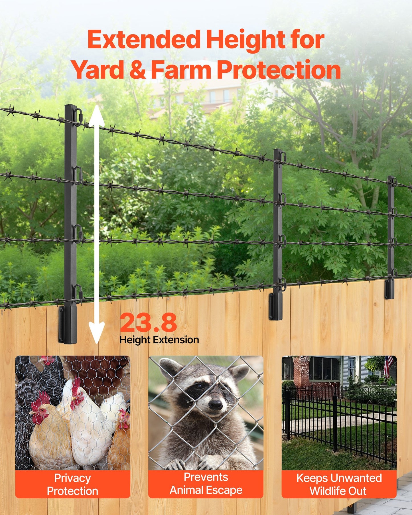 Fence Post Extender, 8 Packs 605 mm Barbed Wire Arm, Sturdy Steel Fence Height Extender, Flat or Surface Mounted Barbed Wire Extension Arms, Protect Privacy and Prevent Pets Jumping Off