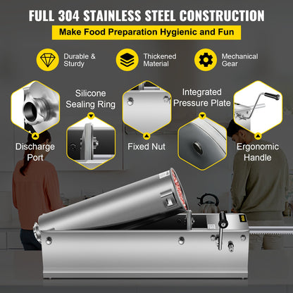 Manual Sausage Stuffer, 7 L / 15 LBS Horizontal Sausage Machine, Dual-Speed Meat Stuffer, Made of Food-Grade 304 Stainless Steel, Includes 5 Stuffing Tubes, for Home Kitchen Restaurant Commercia