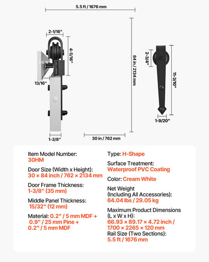Sliding Barn Door, 762 x 2134mm, High-Strength MDF Panel, Barn Door with Hardware Kit, Water-Proof PVC Surface, Easy to Install, H-Frame, Smoothly and Quietly Sliding for Living Room, Bathroom