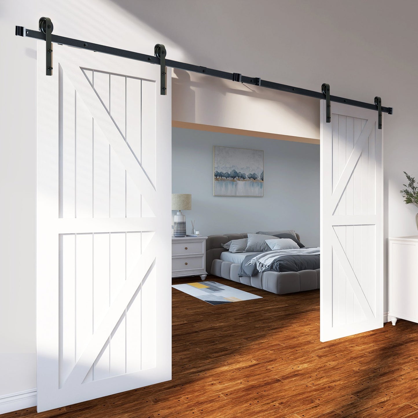 243.8 cm Sliding Barn Door Hardware Kit, 149.7 kg Heavy Duty Barn Door Track Kit for Double Doors, Fit 112-131cm Total Width and 3.3-4.6cm Thick 2 Door Panels, with Smooth & Silent Pulley (J Shape)
