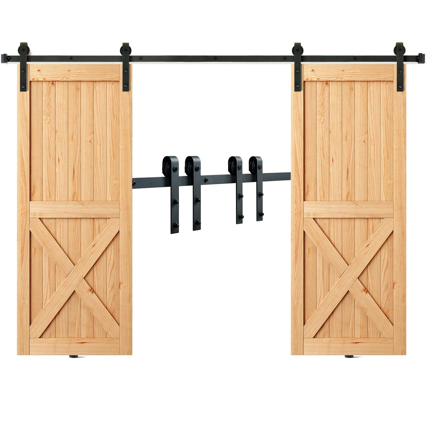 243.8 cm Sliding Barn Door Hardware Kit, 149.7 kg Heavy Duty Barn Door Track Kit for Double Doors, Fit 112-131cm Total Width and 3.3-4.6cm Thick 2 Door Panels, with Smooth & Silent Pulley (J Shape)