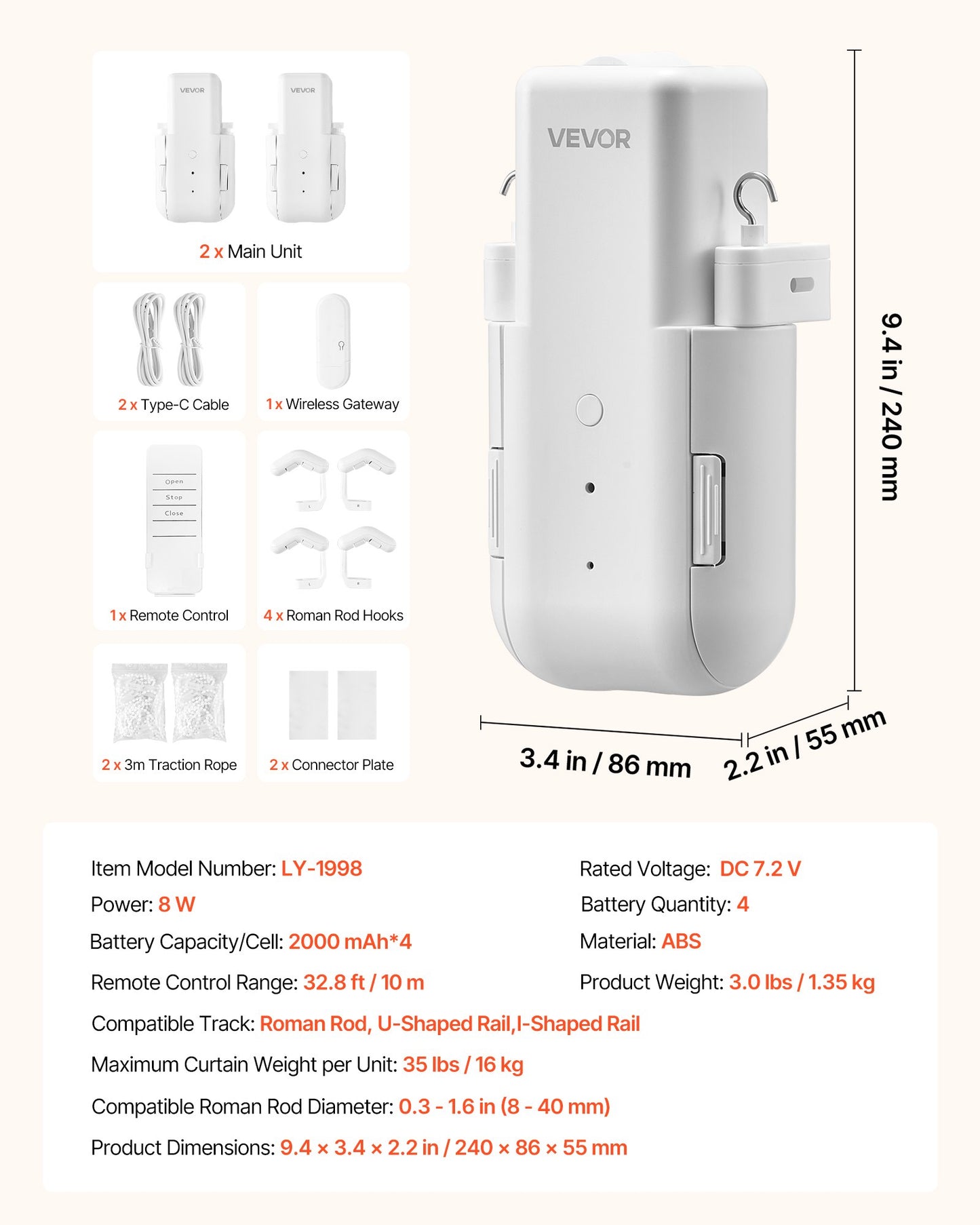 Automatic Curtain Opener, 2 Pack, APP and Remote Control, Hub Included, Electric Smart Curtain Opener Compatible with Alexa and Google Home, Timed Opening and Closing, for Roman Rods, U/I Rails