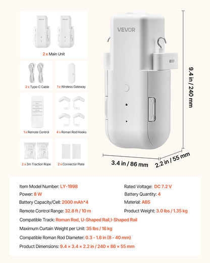 Automatic Curtain Opener, 2 Pack, APP and Remote Control, Hub Included, Electric Smart Curtain Opener Compatible with Alexa and Google Home, Timed Opening and Closing, for Roman Rods, U/I Rails